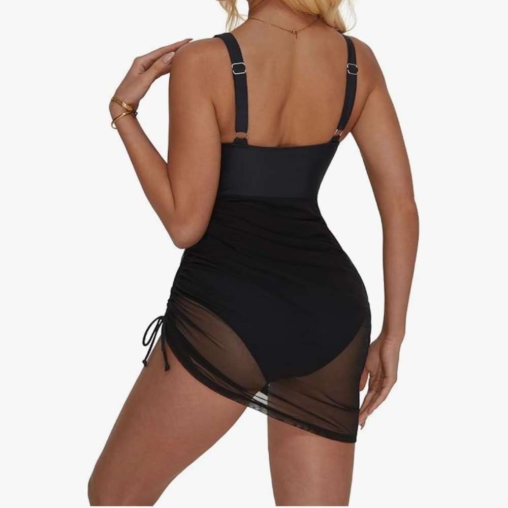 Black Mesh Swimsuit with Ruched Skirt - Picture 3 of 7